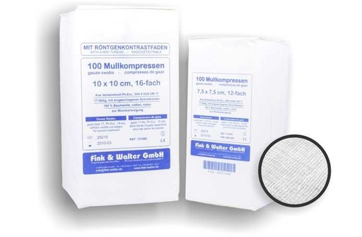 [Art. Nr. FIWA731071] FIWA®komp – Mullkompressen 10x10cm, 12-fach, VM 17 DIN 14079 BW (Pckg. à 100 Kompressen)